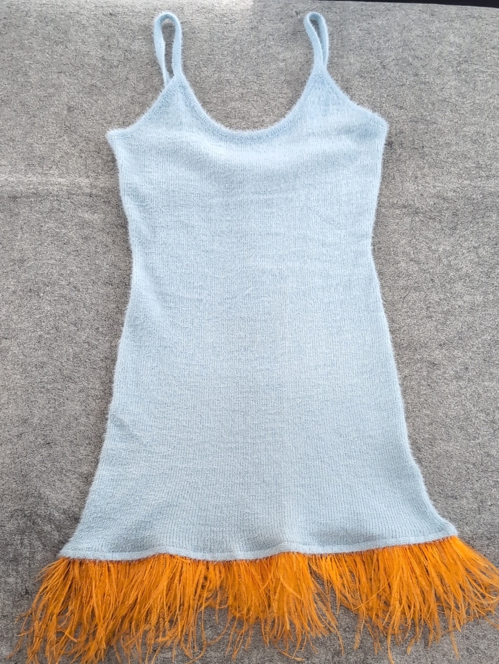 PrettyLittleThing Light Blue Knit Mini Dress with Orange Feather Hem